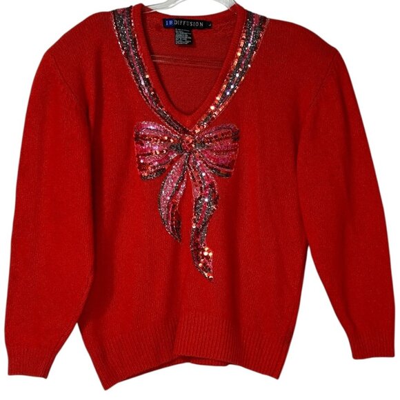 Vintage 1992 Red Knit Sequin Bow Sweater Silk/Nylon/Angora/Lambswool Size Medium - Picture 1 of 8